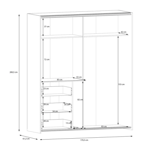 Szafa przesuwna z lustrem i szufladami 170 cm Dąb Artisan / Biały